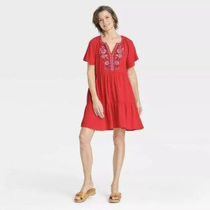 Knox Rose Embroidered Tiered Dress Red Floral Pockets Raglan Sleeve Size L